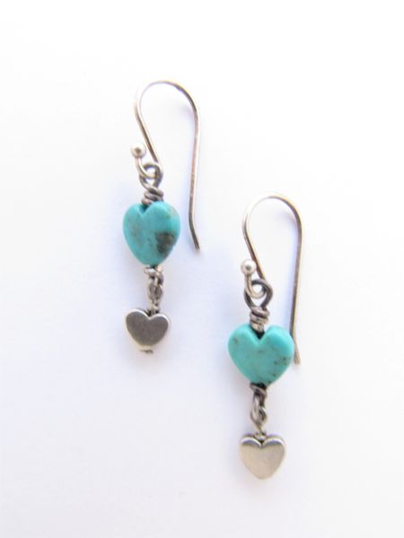 Turquoise HEART EARRINGS Sterling Silver handmade earwires Dangle southwestern cowboy gift