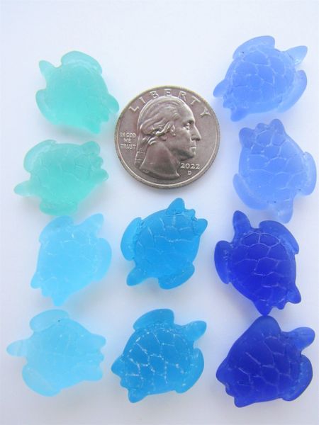 10 pc frosted Glass TURTLE PENDANTS 23x18mm frosted Assorted BLUES top drilled turtles for making jewelry