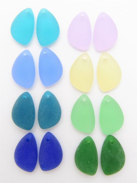 16 pc Cultured SEA GLASS PENDANTS flat back 21x13mm assorted pairs bead supply for making jewelry