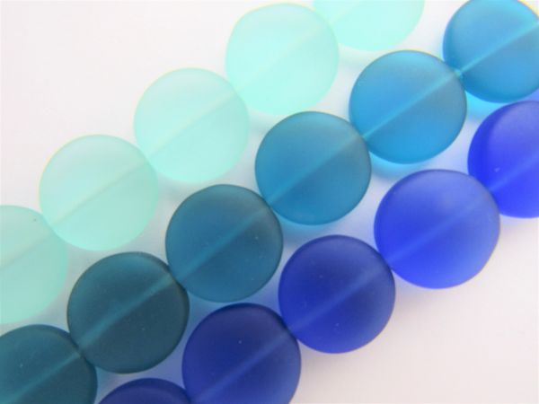 Cultured Sea Glass Beads 15mm coin ASSORTED BLUE 3 Strands frosted bead supply for making jewelry