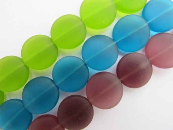 Cultured Sea Glass Beads 15mm coin BOLD colors assorted 3 strands length drilled frosted matte finish bead supply