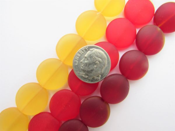 Cultured Sea Glass Beads 15mm coin RED YELLOW 3 assorted strands transparent recycled frosted bead supply