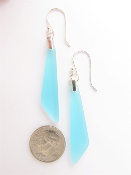 Cultured Sea Glass EARRINGS Sterling Silver Dangle Drop Earwires 2 1/4" AQUA BLUE frosted transparent beach glass jewelry