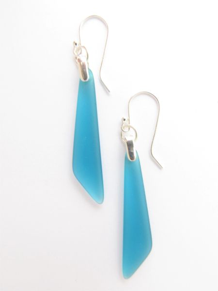 Cultured Sea Glass EARRINGS Sterling Silver Dangle Drop Earwires 2 1/4" TEAL BLUE frosted transparent beach jewelry