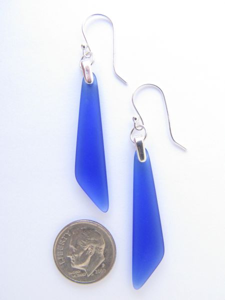 Cultured Sea Glass EARRINGS Sterling Silver Dangle Drop Earwires 2 1/4" ROYAL BLUE frosted transparent beach jewelry