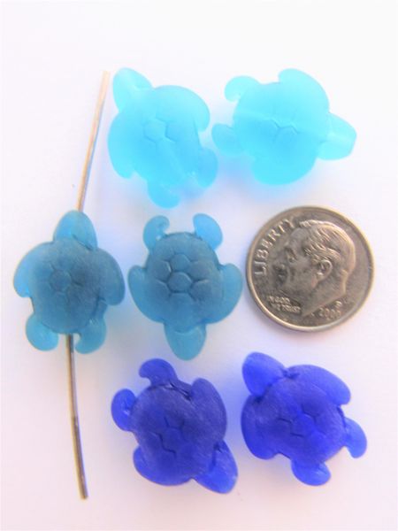 bead supply Cultured Sea Glass TURTLE BEADS 20x15mm BLUE frosted for making beach turtle jewelry