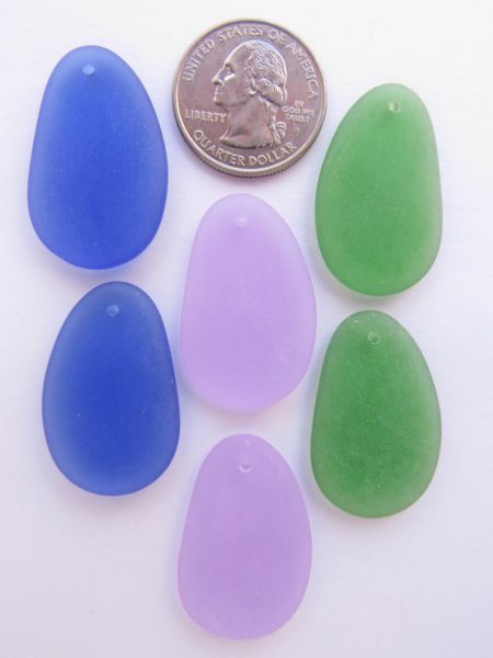 Cultured Sea Glass PENDANTS 33x20mm ASSORTED 6 pcs top Drilled frosted matte bead supply making jewelry