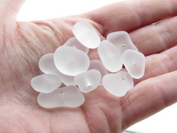 Cultured Sea Glass BEADS 22-14 x 14-11mm STACKING Nugget CLEAR frosted Center Drilled free form beach jewelry bead supply