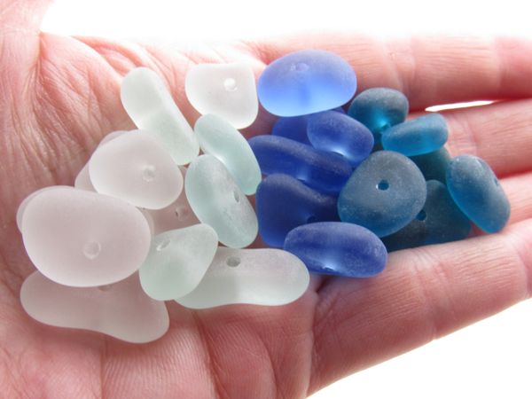 Cultured Sea Glass BEADS 22-14 x 14-11mm STACKING Assorted BLUE Nugget Center Drilled free form jewelry bead supply