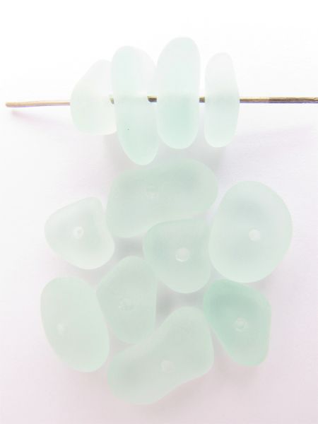 Cultured Sea Glass BEADS 22-14 x 14-11mm STACKING Light AQUA Freeform Nugget frosted Center Drilled free form beach jewelry bead supply