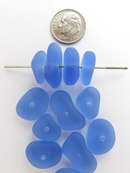 Cultured Sea Glass BEADS 22-14 x 14-11mm STACKING Light Sapphire BLUE Free form Nugget Center Drilled frosted beach jewelry bead supply