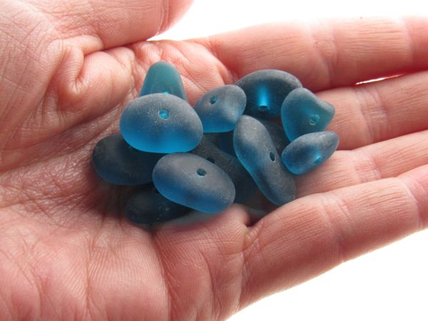 Cultured Sea Glass BEADS 22-14 x 14-11mm STACKING Teal BLUE Free form Nugget Center Drilled frosted beach jewelry bead supply