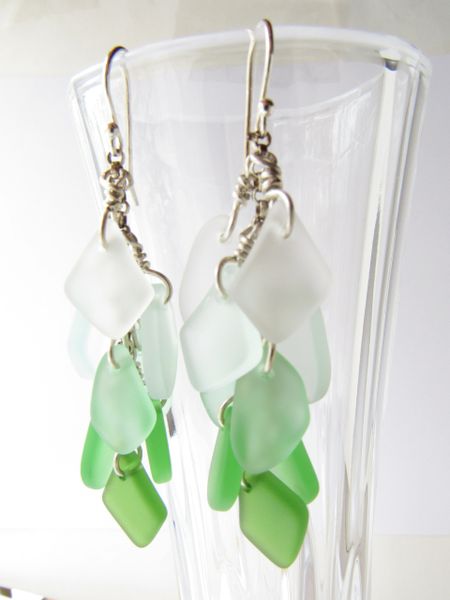 Cultured SEA GLASS EARRINGS Sterling Silver Cascading Light Green Handmade with ear wires