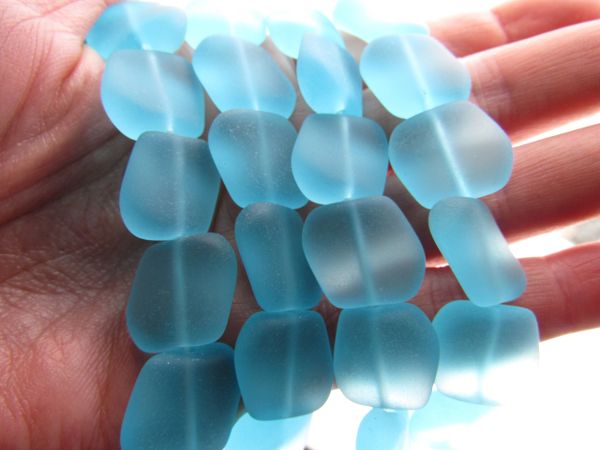 Cultured Sea Glass BEADS 18x17mm Square Nugget Turquoise Bay Light Aqua Blue frosted matte bead supply for making jewelry