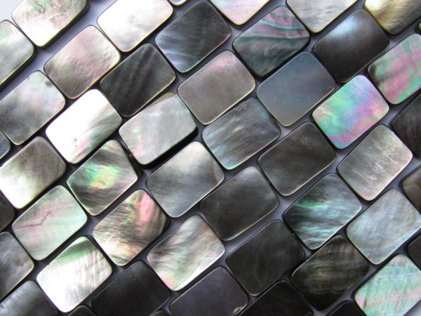 BLACK Lip SHELL Beads 14x10mm Rectangle Natural 16" Strand 28 pc Silvery Iridescent Luster