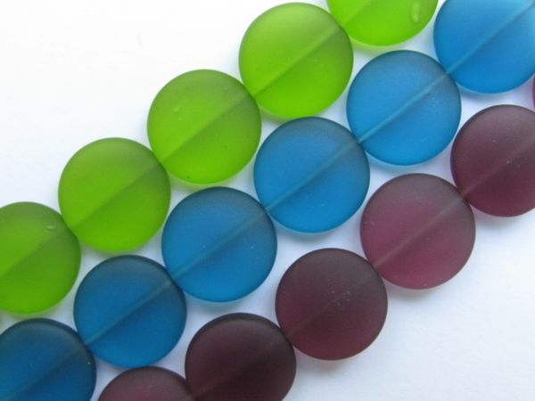 Sea Glass Beads Assorted 15mm Coin Aqua Pacific Blue 3 strands