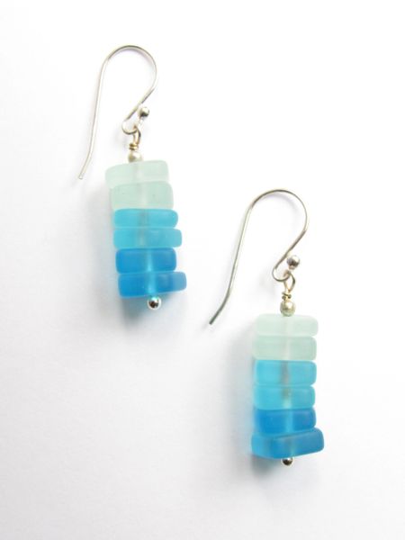 Sea Glass EARRINGS Dangle Stacked Graduating Shades of Aqua Blue 1 1/2" Earwires