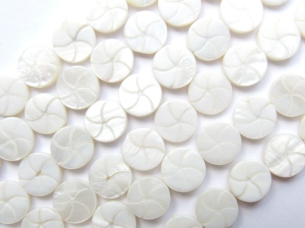 White SHELL BEADS 10mm Carved COIN 15.5" Strand 40 pc Drilled Round Flat