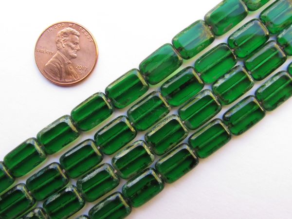 CZECH Glass BEADS Rectangle 12/8mm Table Cuts Green Emerald Picasso 24 pc Strand