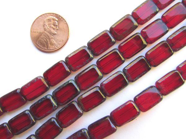 CZECH BEADS Glass Table Cut Rectangle 12x8mm Ruby Red Picasso 24 pc strand