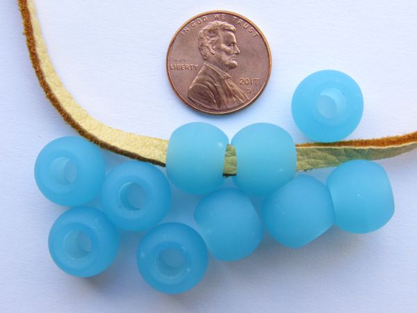 Cultured Sea Glass BEADS 12mm Large Hole Rondelle Opaque Blue Opal Pony Bead Recycled 12x10mm