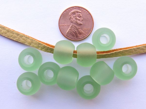 Sea Glass BEADS 12mm Large Hole Rondelle Light Green Pony Bead Recycled 12x10mm