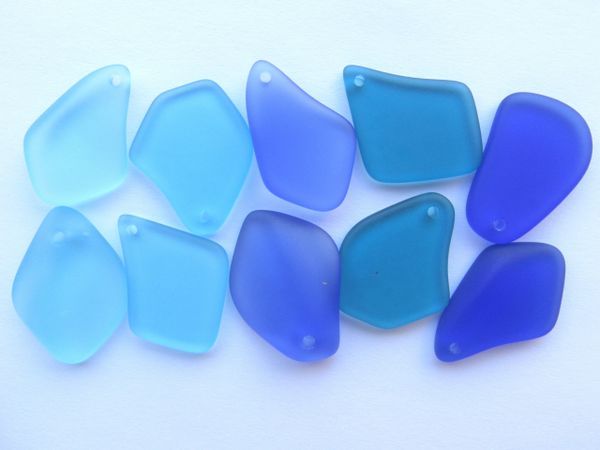 Cultured Sea Glass PENDANTS 10 pc 1" Assorted BLUE Top Drilled Free form frosted for making jewelry