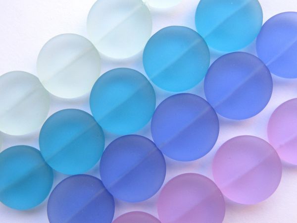 Sea Glass BEADS 20mm Coin assorted 4 Strands blue purple aqua Cushioned making beach jewelry