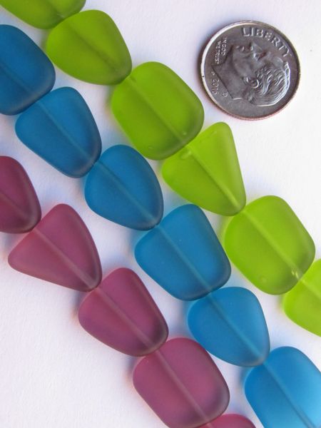 Sea Glass BEADS Small Flat Freeform 3 Assorted Strands Teal Olive Green Medium Amethyst 13-15mm 6 pc ea