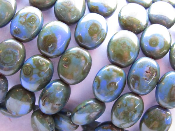 Quality Czech GLASS 11x9mm Oval Beads 15 pc Blue Silk Picasso Fullcoat Pressed