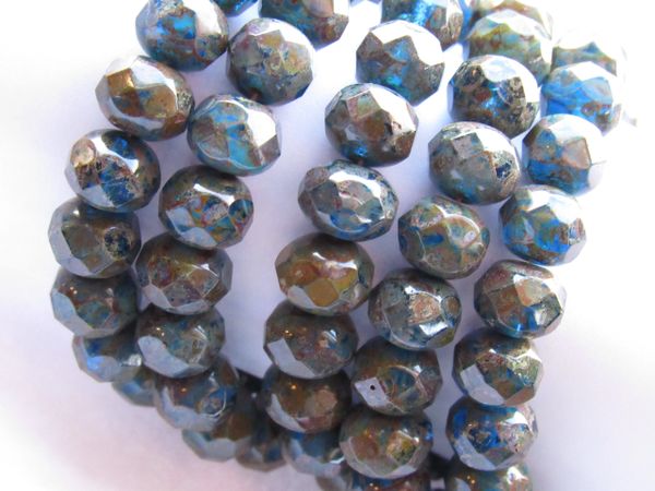CZECH GLASS Faceted Rondelles 8x6mm Beads 25 pc Pressed Multi-Color Blue Strand