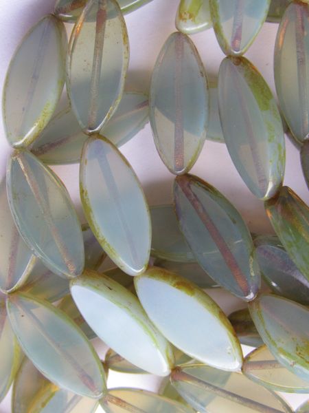 CZECH GLASS Table Cut BEADS 17x8mm Window Pointed Oval 10 pc Opaline Picasso Light Green