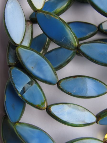 CZECH GLASS BEADS 17x8mm Window Table Cut Pinched Pointed Oval 10 pc Pressed Silk Picasso Blue