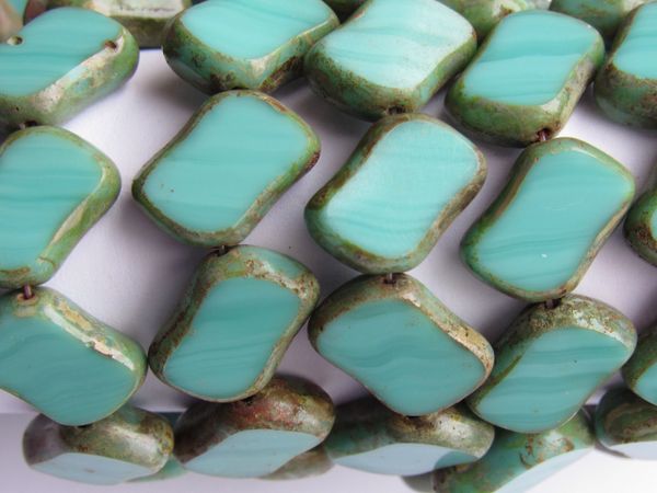 CZECH GLASS Table Cut BEADS 14x10mm Window Diagonal Hole Rectangle 10 pc Turquoise Opaque Picasso