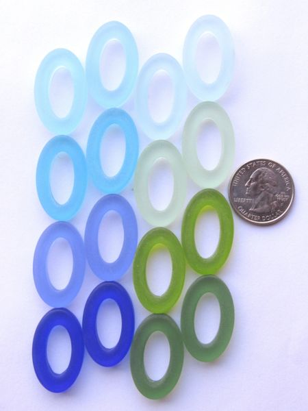 Sea Glass PENDANTS Connector Rings 31x20mm Assorted 8 pair Aqua Green Blue Purple Large Oval Ring Making sea glass jewelry