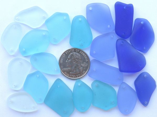 Sea Glass PENDANTS 2 hole Freeform Connector 1" Assorted Blue 20 pc Drilled making beach glass jewelry supply