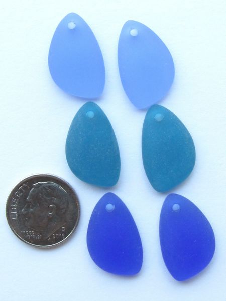 Sea Glass PENDANTS Teardrop 21x13mm 3 pair Blue Assorted Pairs Top Drilled making sea glass earrings