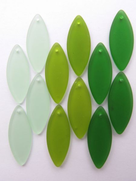 Cultured Sea Glass PENDANTS 33x13mm Marquise Spindle GREENS 12 pc Pinched Oval bead supply for making jewelry