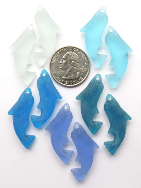 Dolphin PENDANTS 36x14mm Assorted 5 Pair Shades of Blue Top Drilled Sea Glass Blues Fish Pairs