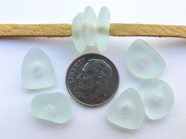 Cultured Sea Glass BEADS Large Hole 14mm Flat free form nugget U-Pick Blue center drilled 3mm hole for leather cord