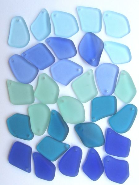 Jewelry Supplies - Sea Glass PENDANTS Assorted 30 pc Aqua Blue Seafoam Green colors Freeform Top Drilled frosted pendants