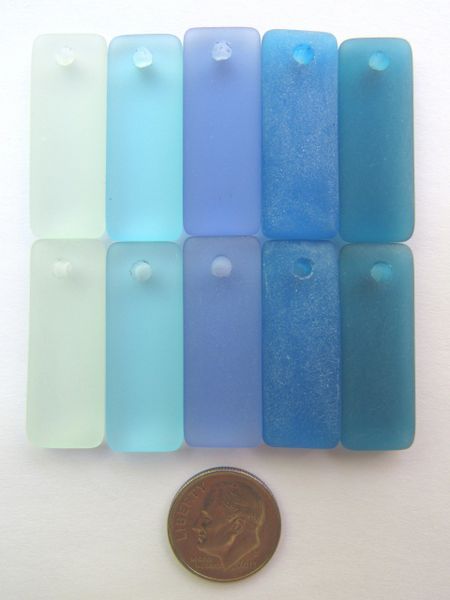 Sea Glass PENDANTS 32x12mm U-Pick Assorted Blue Green Purple puffed rectangle making sea glass jewelry