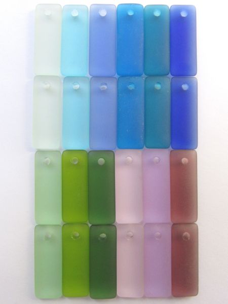 Sea Glass PENDANTS 32x12mm Puffed Rectangle Aqua Blue Green Purple Assorted 12 Pair Top Drilled Large Hole