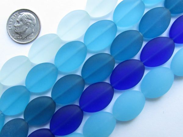 Sea Glass BEADS 18x13mm Oval Assorted 5 Strand Hank Aqua Blue 11 pc strands cultured sea glass making sea glass jewelry supply