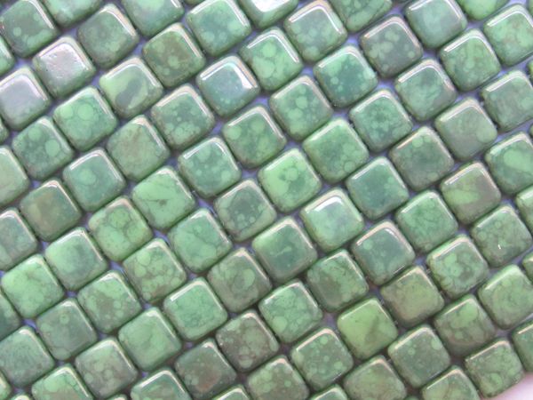CzechMates 6mm Tile BEADS HONEYDEW Moon Dust 50 pc Square 2 Hole Green Czech Glass MD53200
