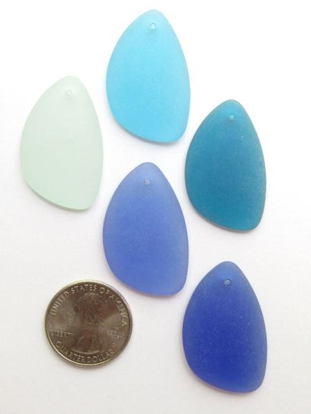 Sea Glass PENDANTS 36x24mm 5 pc Assorted Blue Aqua Top Drilled making sea glass jewelry necklace centerpiece focal point