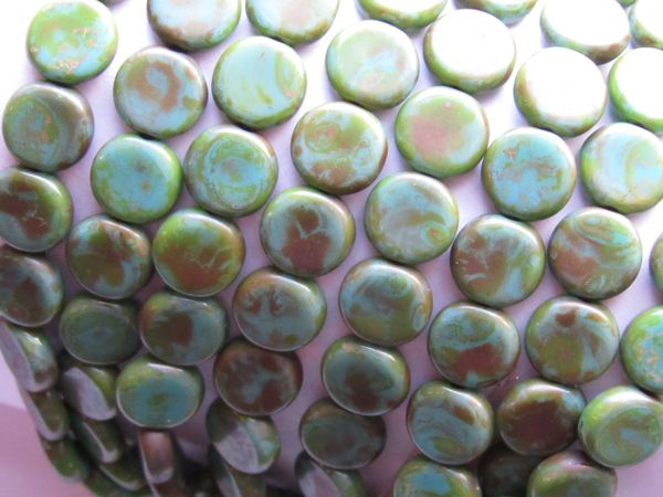 CZECH Glass BEADS 8mm COIN Picasso Opaque Turquoise Fullcoat 25 pc Pressed Flat Round