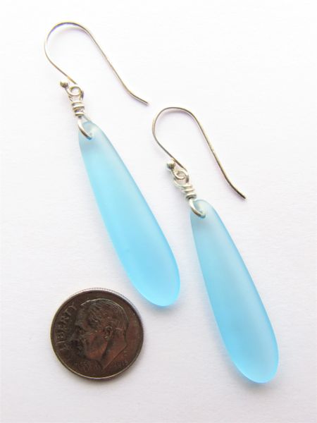 Sea Glass EARRINGS Handmade Aqua Blue Long Dangle Sterling Silver Earwires beach jewelry