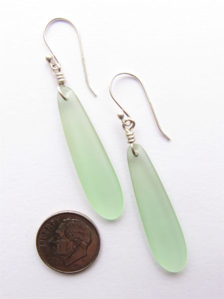 Light Green Sea Glass EARRINGS Sterling Silver DANGLE Earwires Beach Jewelry