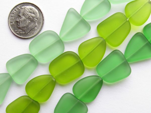 Sea Glass BEADS 15mm Small Flat Freeform Assorted Green 3 Strands Drilled